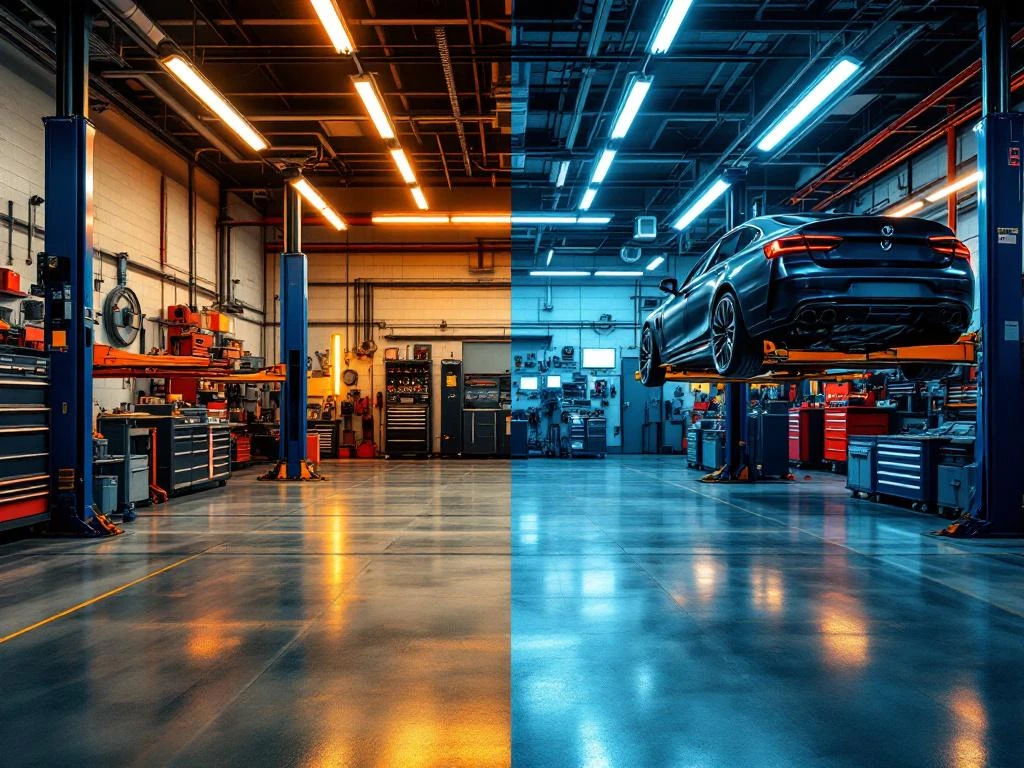 Comparație atelier mecanic auto: garaj românesc modest versus service modern olandez cu echipamente profesionale