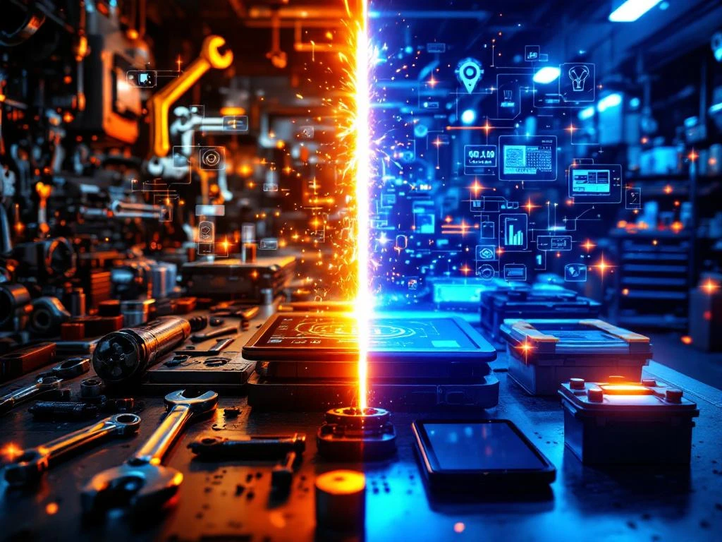 Split-screen showing traditional mechanic tools with warm lighting transitioning to modern EV diagnostic tablets with blue light