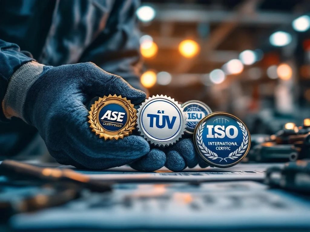 Mâini cu mănuși ale mecanicului ținând insigne de certificare ASE, TÜV și ISO în atelier auto profesional