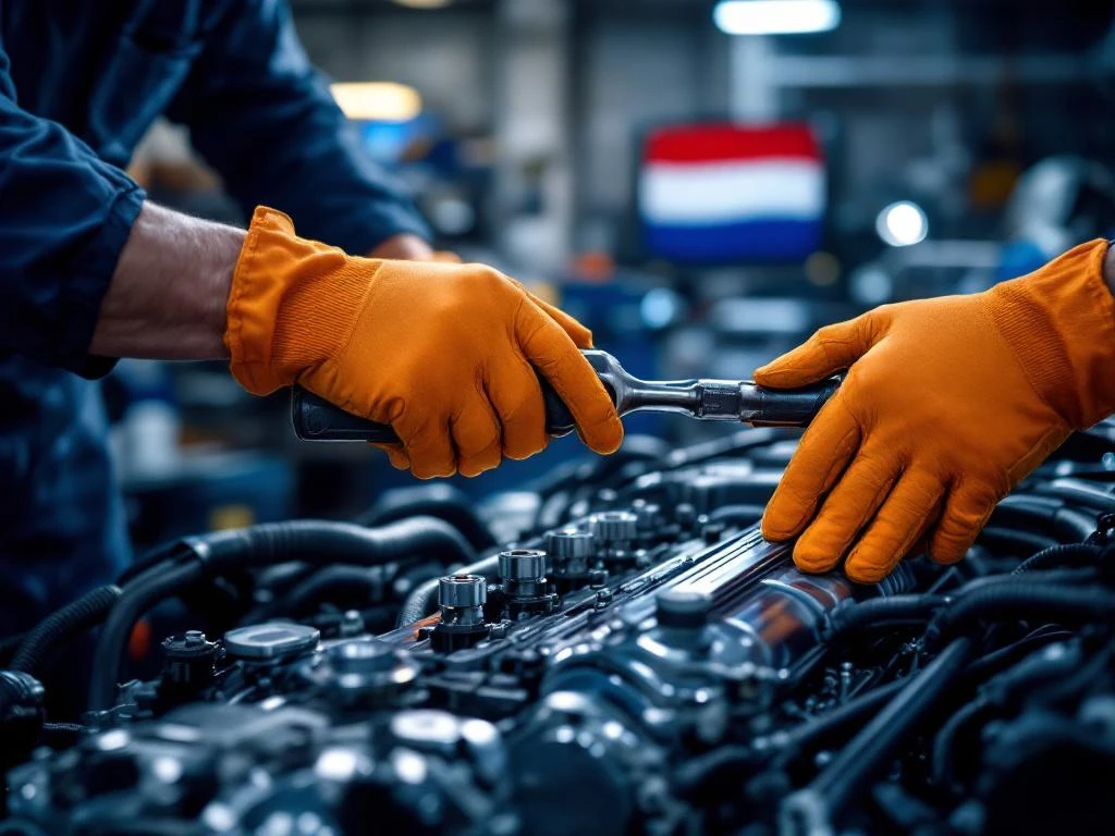 Mâini în mănuși portocalii folosind cheie dinamometrică pe motor de mașină în atelier auto olandez profesional