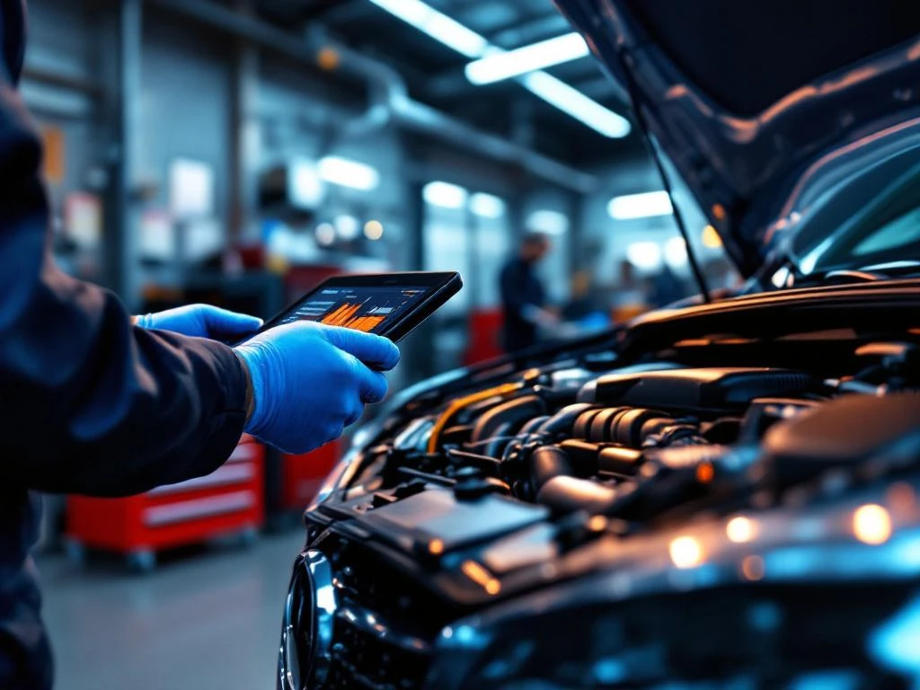 Mecanic cu mănuși albastre ține tabletă de diagnosticare lângă motor de mașină în atelier profesional auto