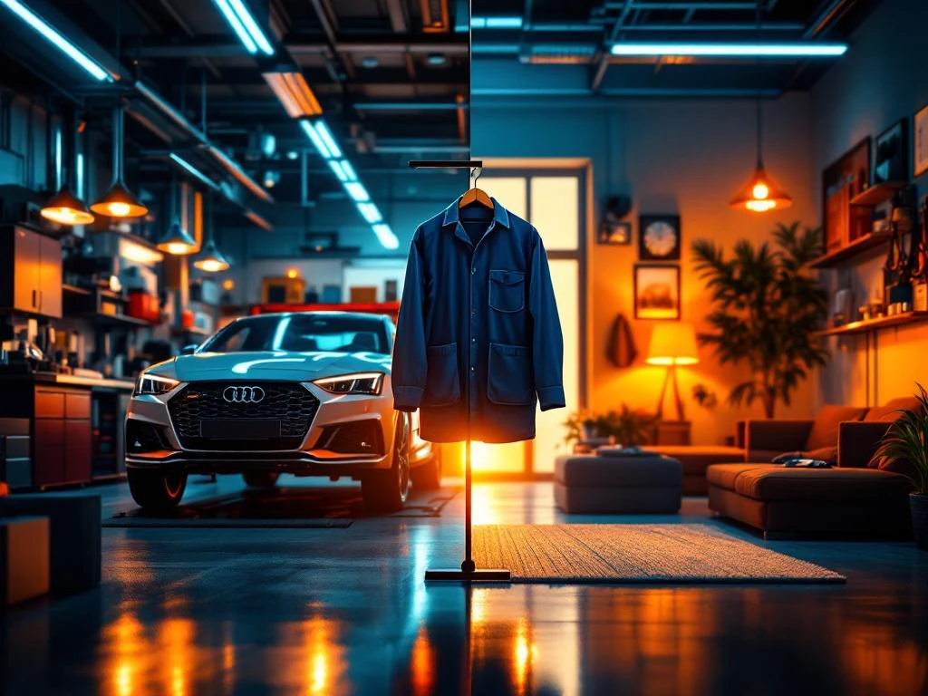 Atelier auto profesional și casă confortabilă unite prin uniforma mecanicului, echilibru muncă-viață personală