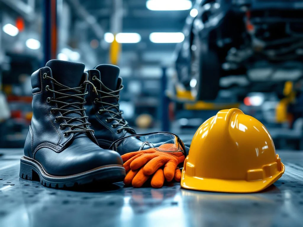 Echipament de protecție pentru atelier auto: bocanci, mănuși portocalii, ochelari și cască pe bancă metalică