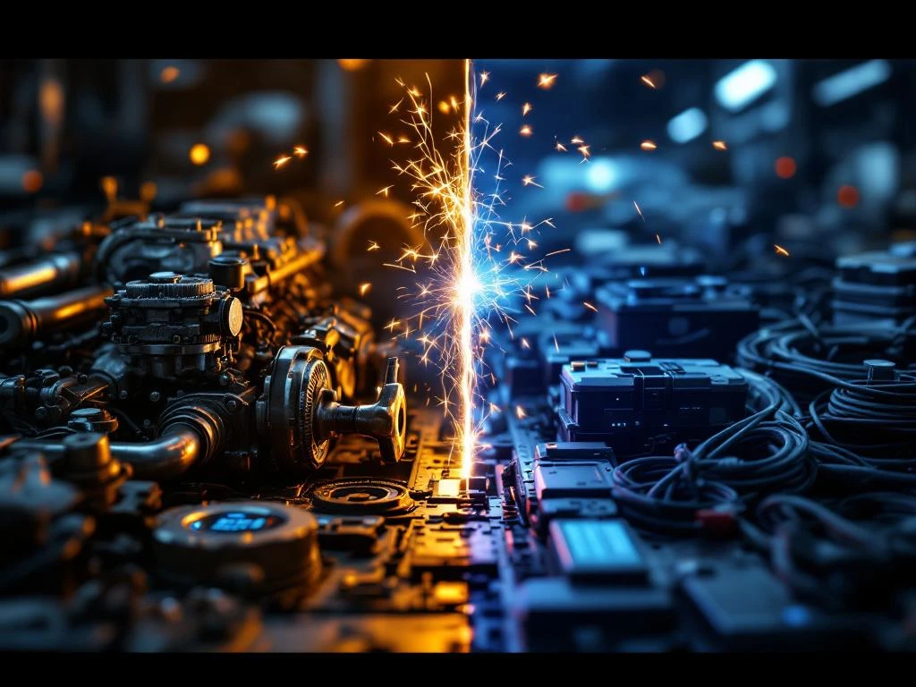 Evoluția mecanicii auto: motor cu combustie tradițional și baterii electrice moderne separate de scântei electrice