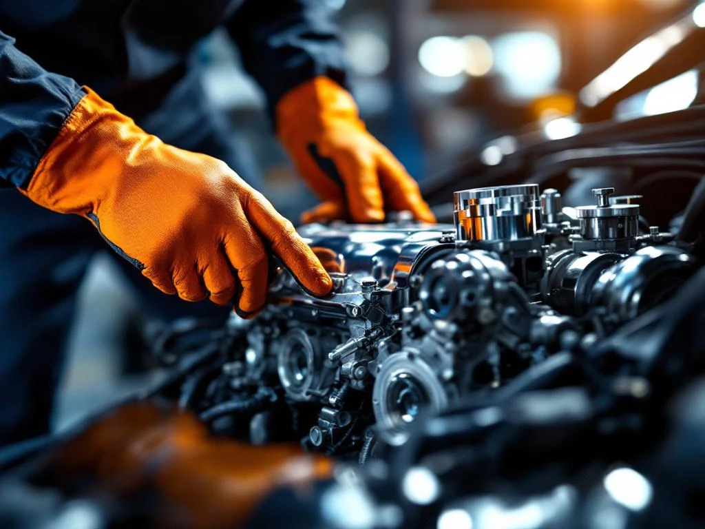 Mecanic cu mănuși portocalii lucrând la motor de mașină în service auto profesional olandez cu scule și piese cromate