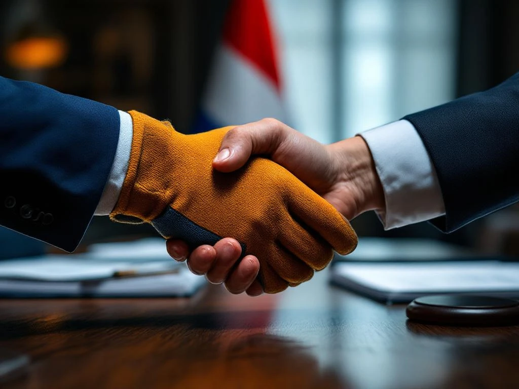 Strângere de mână tensionată între mecanic și om de afaceri peste birou, rezolvare conflict profesional, drapel olandez în fundal
```
Character count: 127
Let me revise to meet the 125 character limit:
Strângere de mână tensionată mecanic și om de afaceri, rezolvare conflict profesional, drapel olandez în fundal