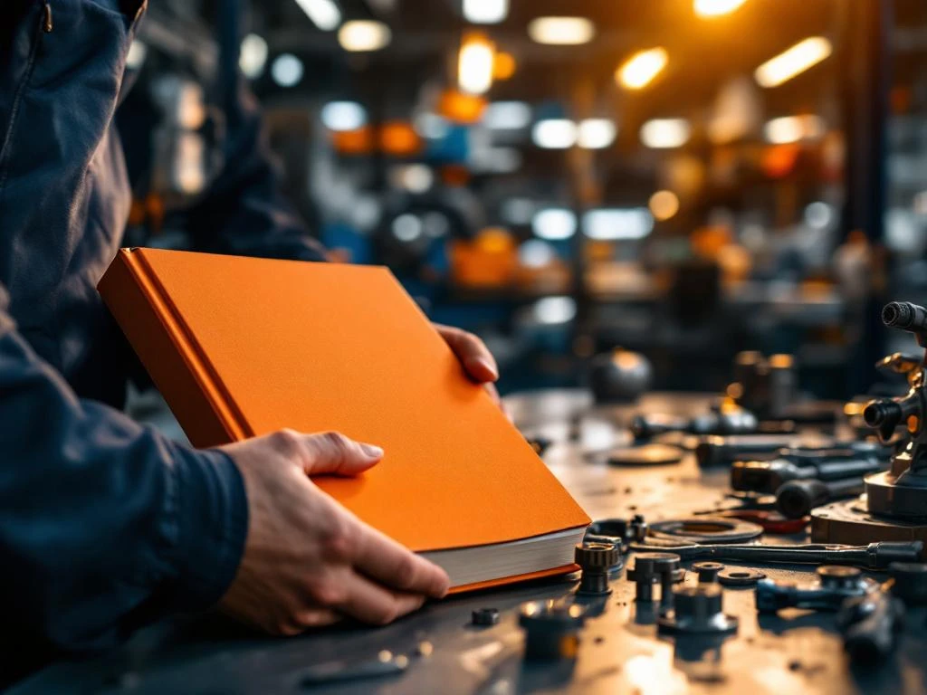 Mâini ținând manual de limba olandeză pe bancă de lucru cu scule auto în atelier mecanic profesional