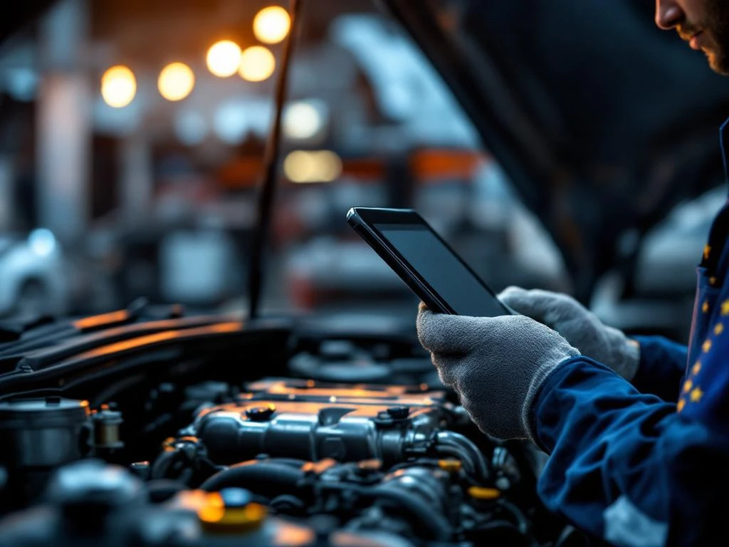 Mecanic cu tabletă de diagnostic peste motorul mașinii, steagul UE pe uniformă, atelier auto profesional