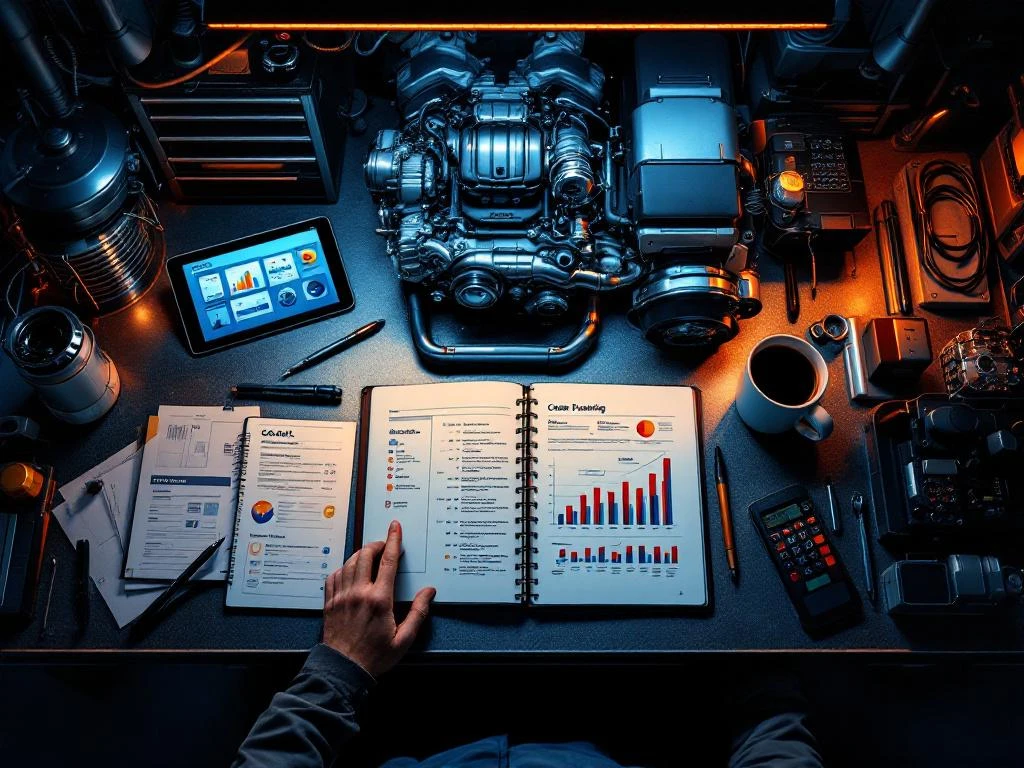 Mecanic auto planificând cariera la banc de lucru cu motor, tabletă digitală și unelte de precizie în atelier profesional