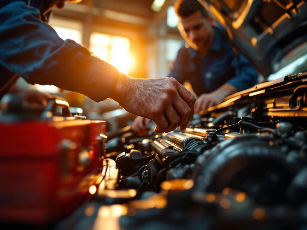 Mecanic experimentat ghidând mâinile unui ucenic în timp ce lucrează împreună la un motor de mașină în atelier