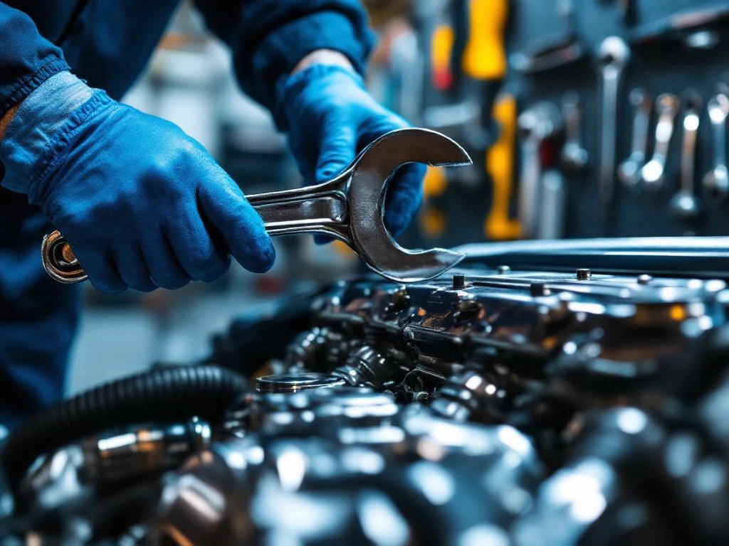Mecanic cu mănuși albastre folosind cheie cromată pe motor de mașină în atelier profesional iluminat