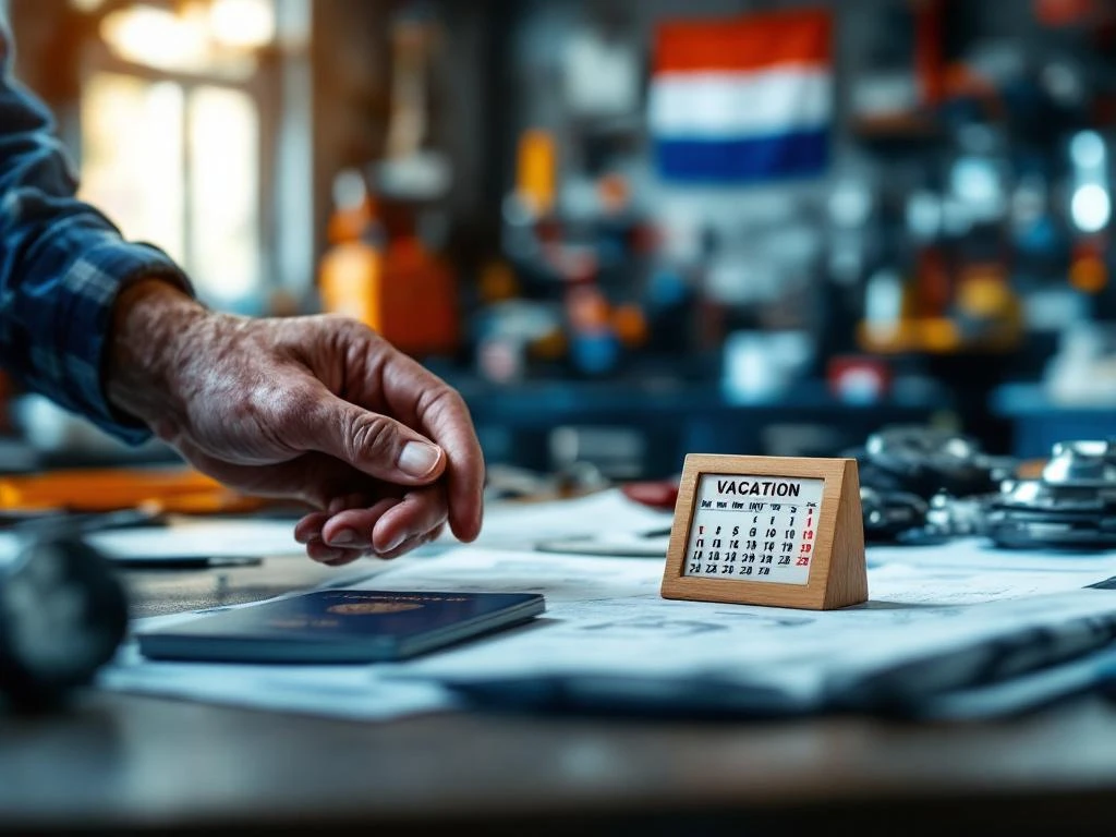 Mâinile mecanicului plasează un calendar cu date de vacanță pe bancul de lucru într-un atelier auto olandez.
