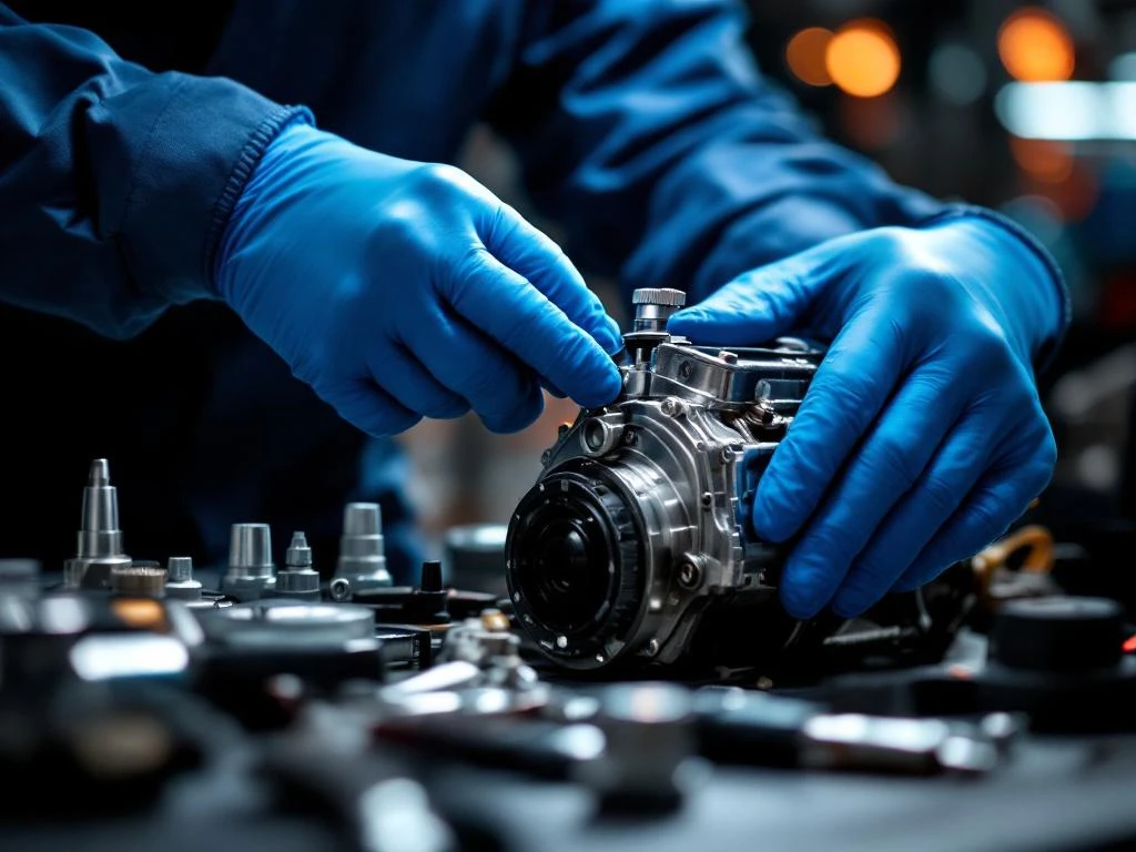 Mâini de mecanic cu mănuși albastre lucrând la motor cromat cu unelte de diagnosticare profesionale în atelier