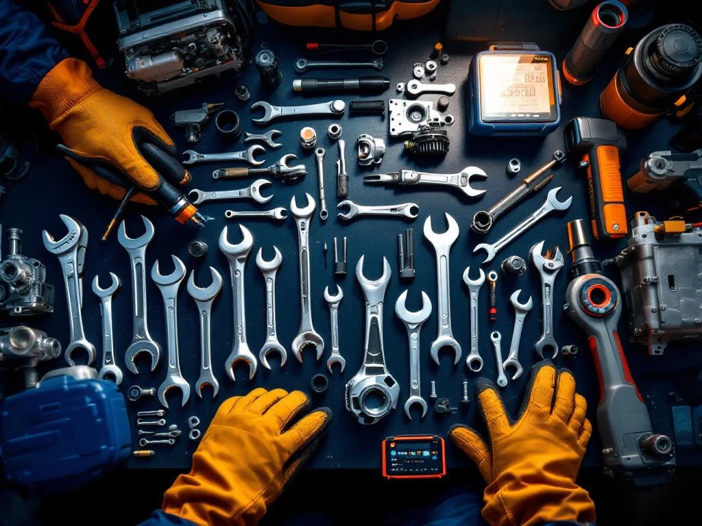 Bancă de lucru mecanic auto cu scule tradiționale și moderne, scanner diagnostic, componente vehicule electrice și hibride