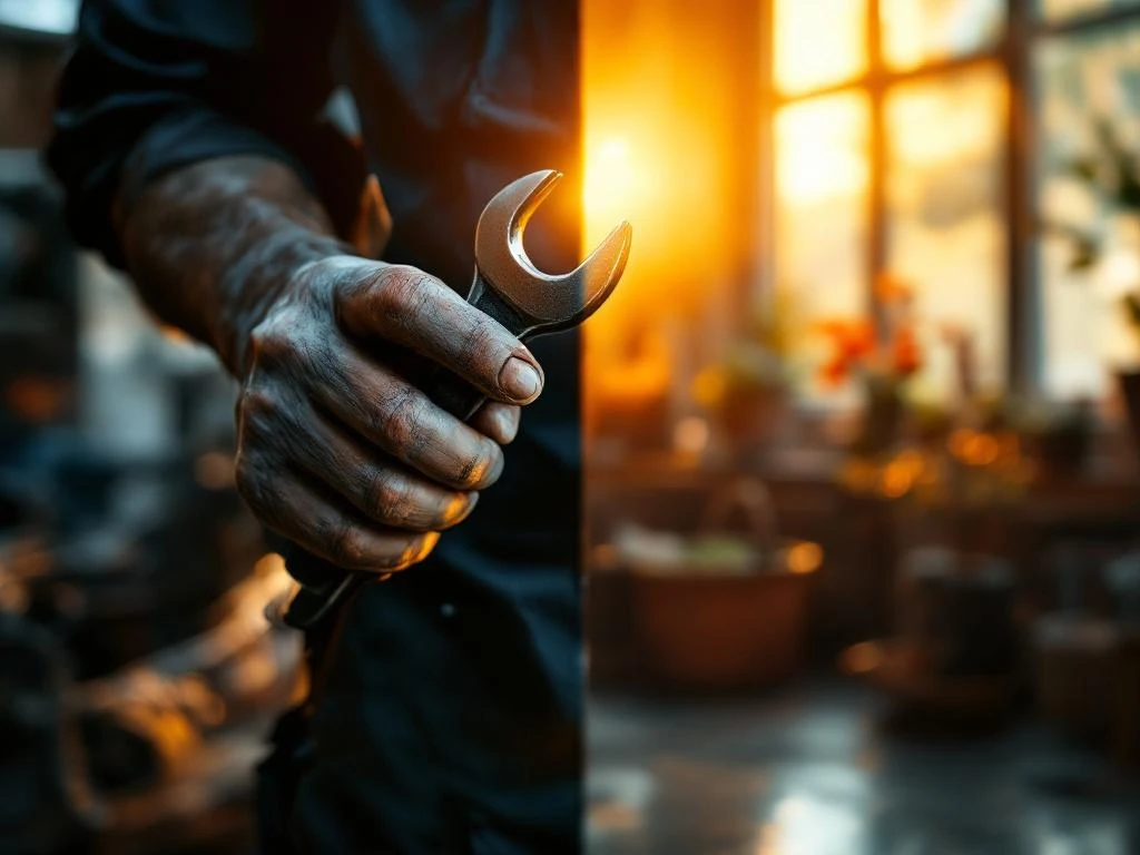 Mâinile unui mecanic ținând o cheie în atelier auto european, cu interior românesc tradițional în fundal