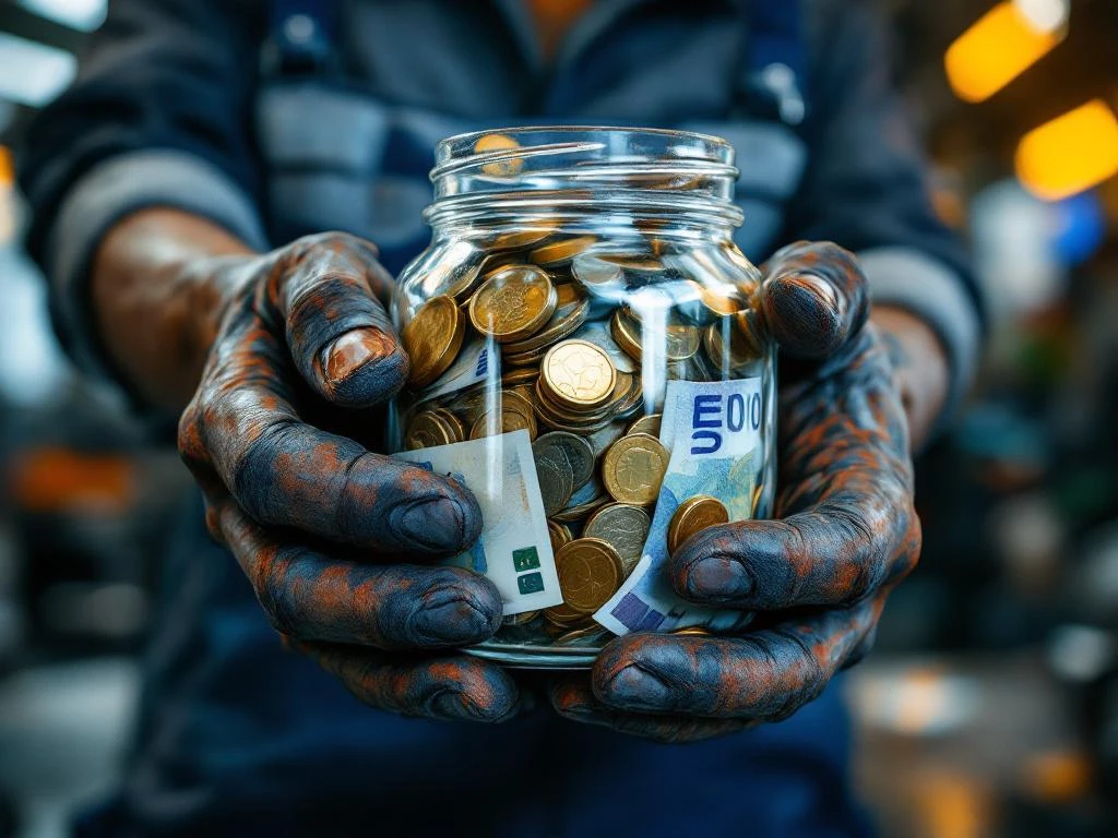 Mâini de mecanic auto țin borcan cu bancnote euro și monede în atelier cu unelte și piese de motor