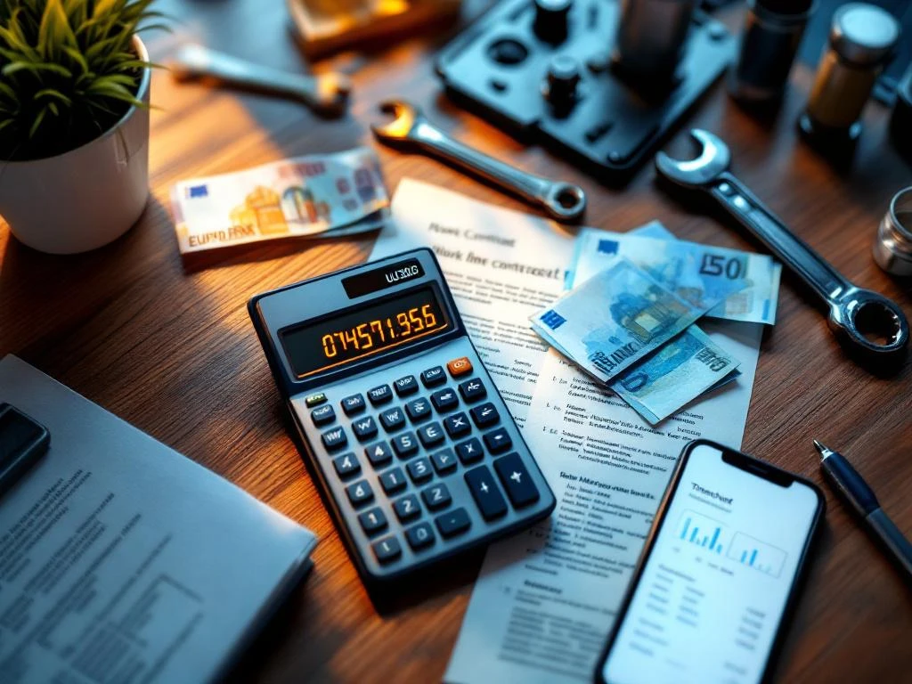 Calculator cu calcule ore suplimentare, bancnote euro și contract de muncă olandez pe birou din lemn