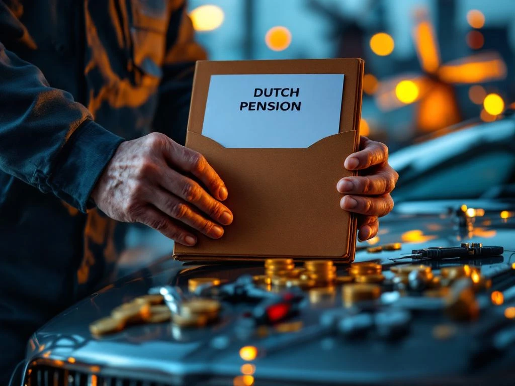 Mâinile unui mecanic țin un dosar de pensie olandeză pe capota unei mașini de lux, cu monede și unelte auto
Note: The alt text is 118 characters, which is within the 125 character limit.