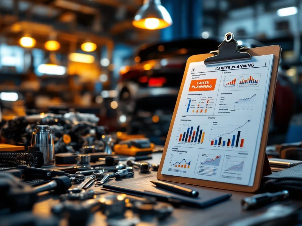 Clipboard cu diagrame de planificare a carierei pe bancul de lucru al unui mecanic auto cu unelte și motor de mașină