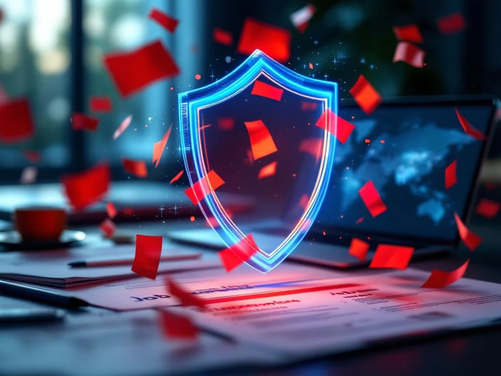 Scut transparent de securitate deflectează amenințări phishing deasupra documentelor de recrutare și laptop cu oferte de muncă