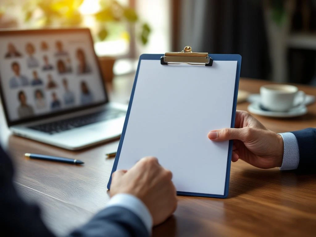 Mâini profesionale țin clipboard cu documente de interviu pe birou, laptop și steaguri NL-RO în fundal