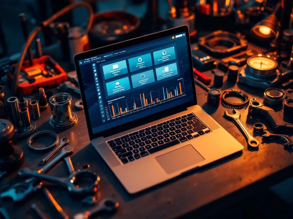 Laptop cu platforme de recrutare pe birou atelier auto, înconjurat de scule mecanice și echipamente de diagnostic