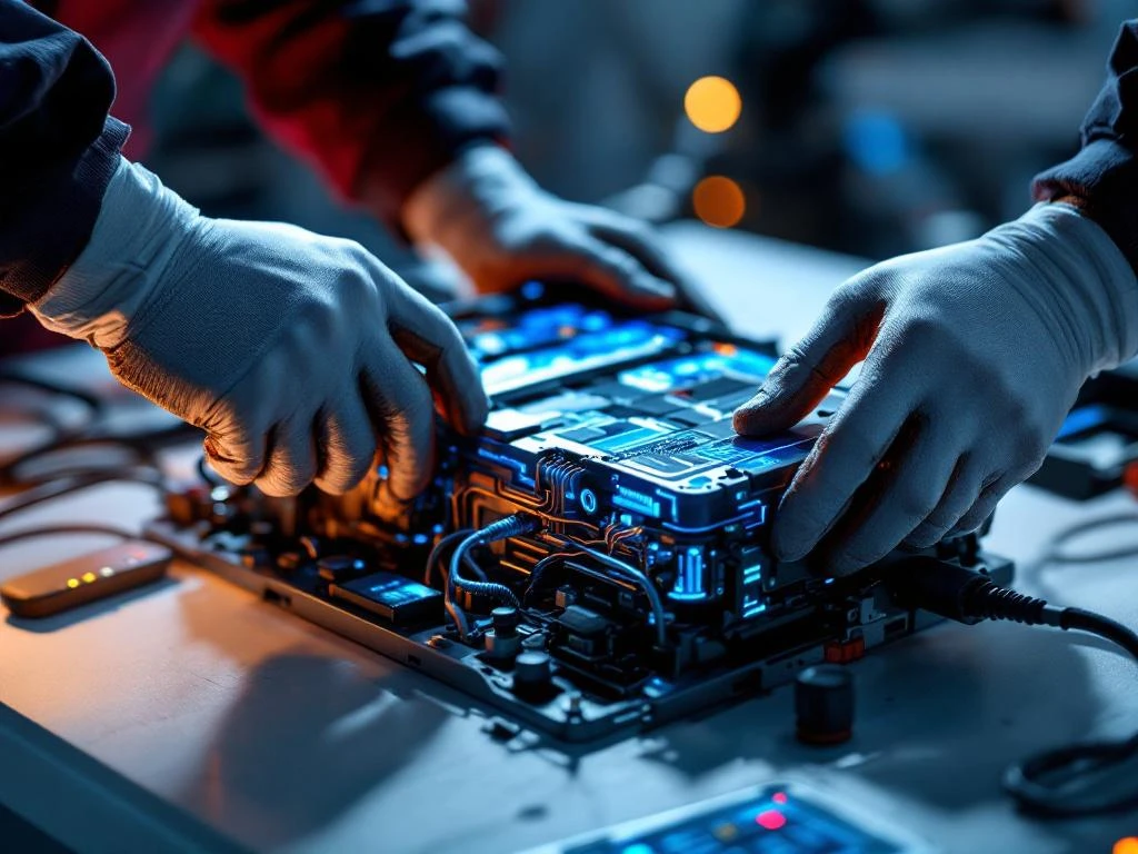 Tehnician reparând bateria unui vehicul electric cu instrumente de diagnosticare pe masa de lucru din atelier auto modern