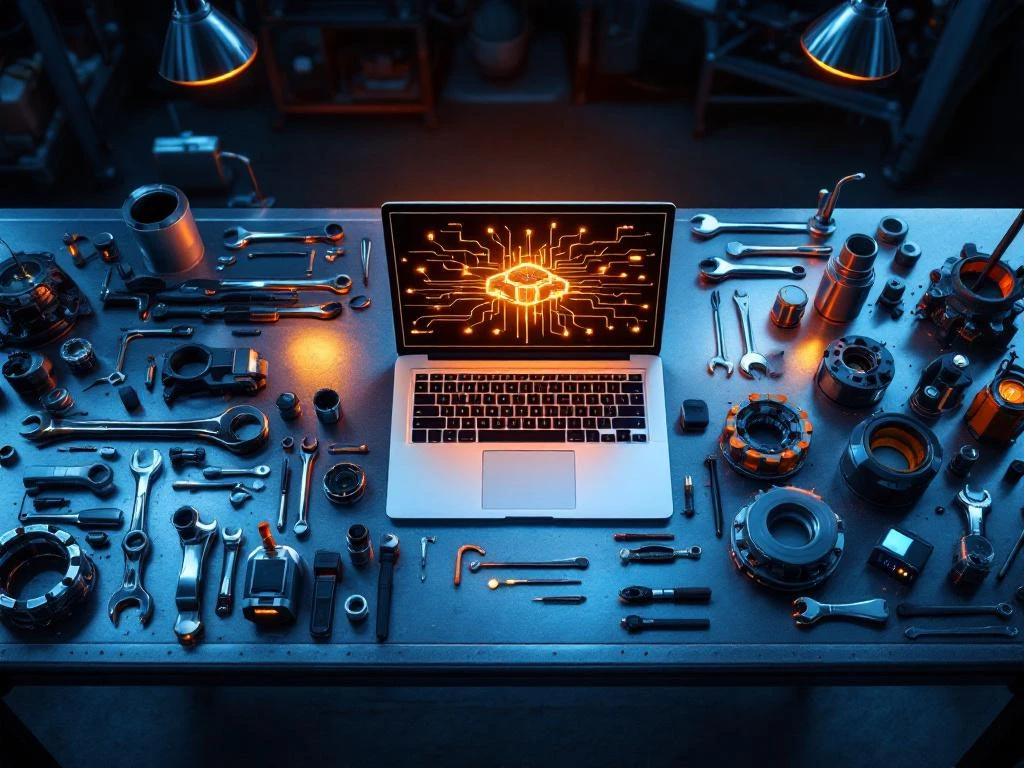 Laptop cu diagramă de rețea pe banc de lucru auto cu scule cromate și echipamente de diagnosticare profesionale