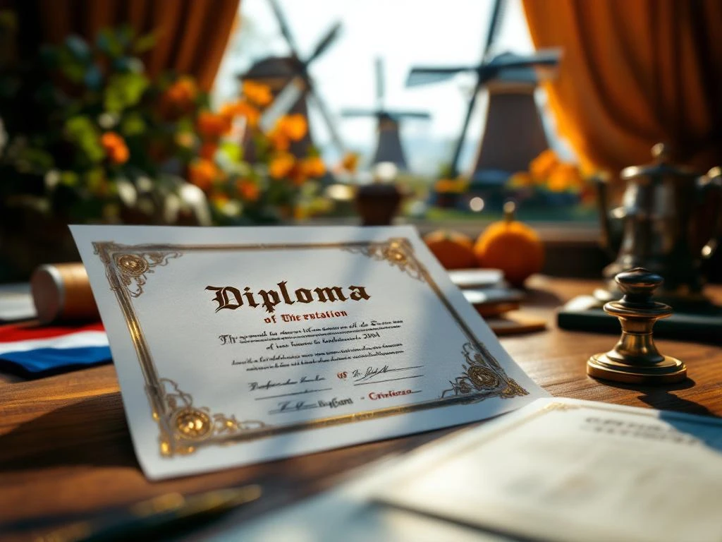 Diplomă oficială cu sigilii aurii și ștampilă de traducător pe birou lângă steagul olandez și documente de certificare
---
Note: This alt text is 124 characters and captures the essential elements while maintaining SEO value and accessibility in Romanian.