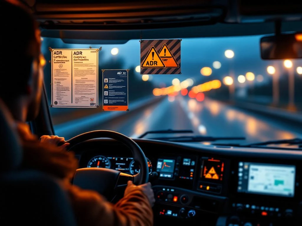 Cabină de camion european cu certificate ADR și echipamente de siguranță pe bord, autostradă olandeză în fundal