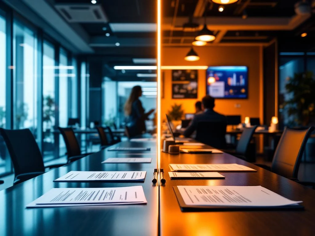 Birou corporativ modern cu iluminare albastră versus agenție de recrutare cu iluminare portocalie, împărțite prin centru