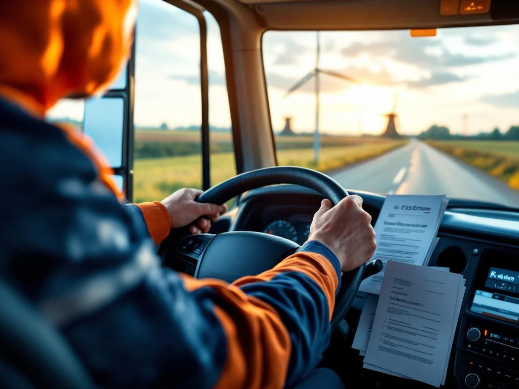 Mâinile unui șofer de camion profesionist pe volan cu documente de asigurare olandeze pe bord și peisaj olandez în fundal