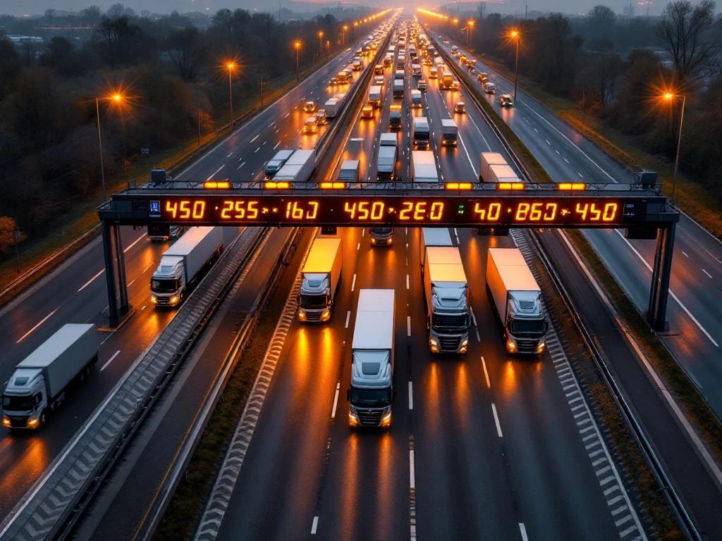 Vedere aeriană a autostrăzii europene moderne cu camioane navigând prin porți electronice de taxare cu afișaje LED