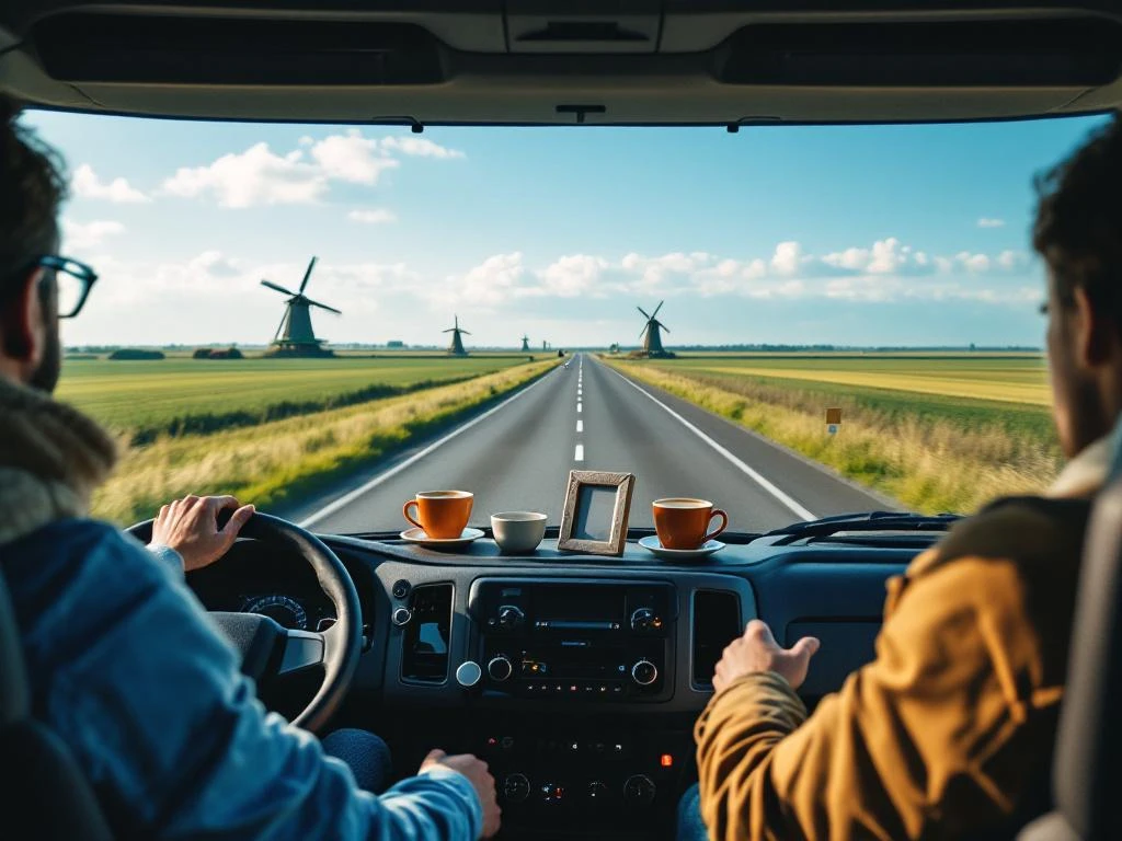 Interiorul cabinei camionului cu două căni de cafea pe bord și fotografie de familie, cu autostrada olandeză și mori de vânt