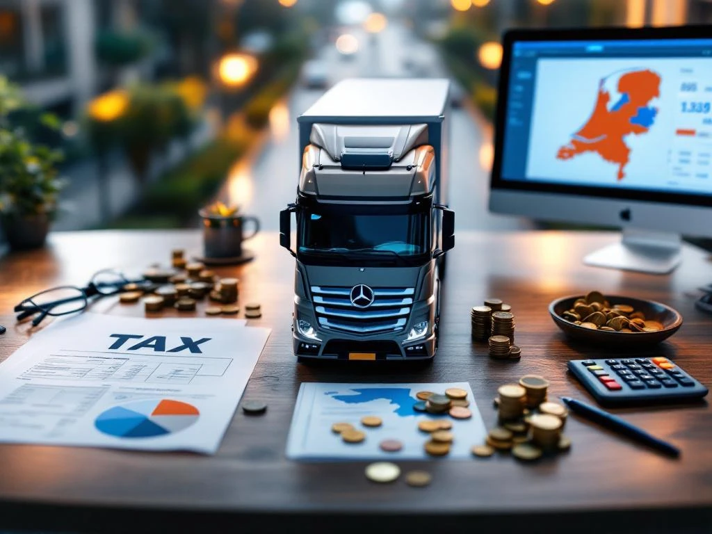 Camion internațional pe autostrada olandeză văzut de sus, înconjurat de documente fiscale, calculator și monede pe birou