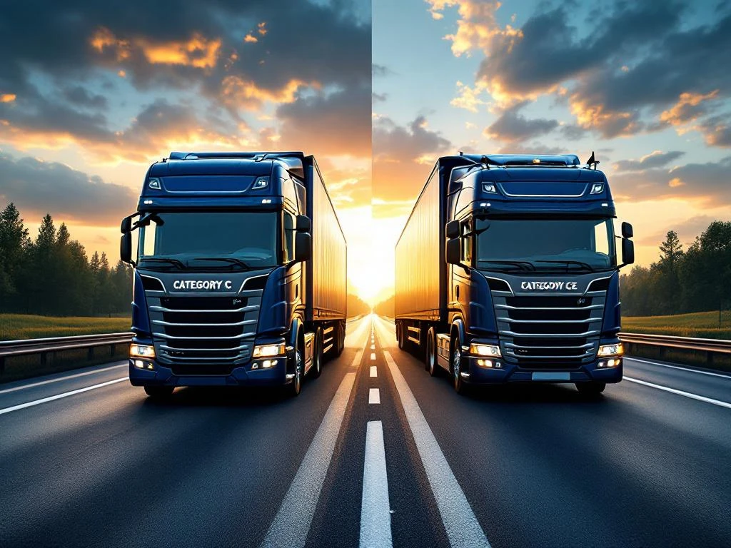 Două camioane europene pe autostradă: camion rigid categoria C și ansamblu tractor-semiremorcă categoria CE