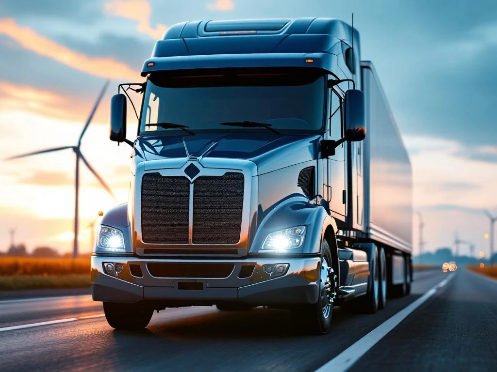 Camion comercial mare pe autostrada olandeză cu morile de vânt în fundal, perspectivă dramatică de jos