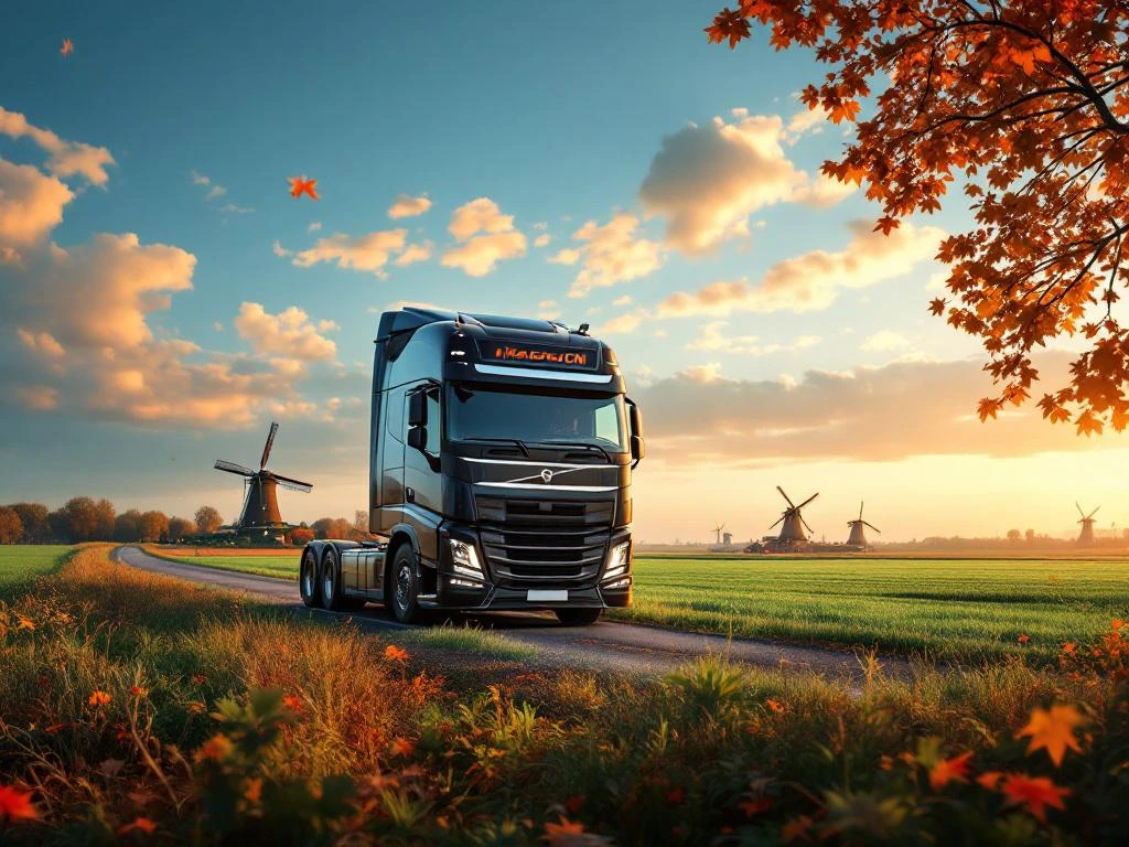 Camion european modern în prim-plan pe câmpurile verzi olandeze cu morile de vânt în fundal la ora de aur