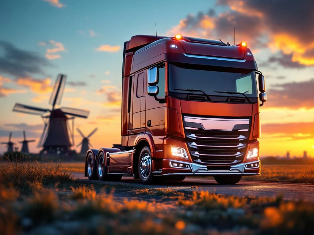 Camion modern în stare perfectă cu documente de certificare în prim-plan și mori de vânt olandeze în fundal