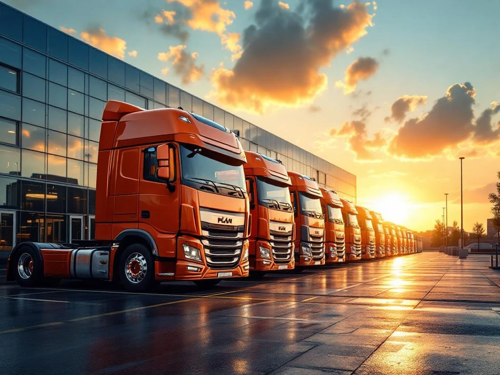 Facilitatea modernă de transport olandez cu camioane portocalii și albastre parcate în rânduri organizate sub lumina aurie