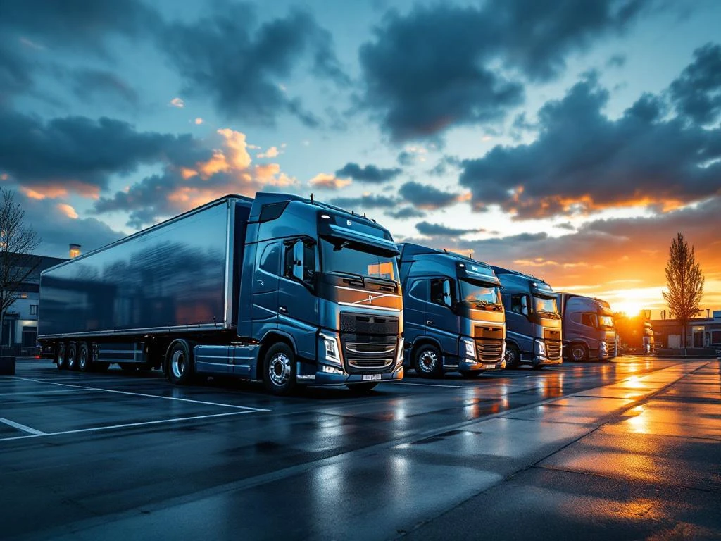 Depou modern de camioane olandeze cu vehicule comerciale Volvo, Scania și DAF parcate în facilitate logistică profesională