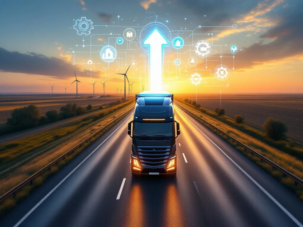 Camion modern pe autostrada olandeză cu elemente holografice digitale și turbine eoliene în fundal la ora de aur