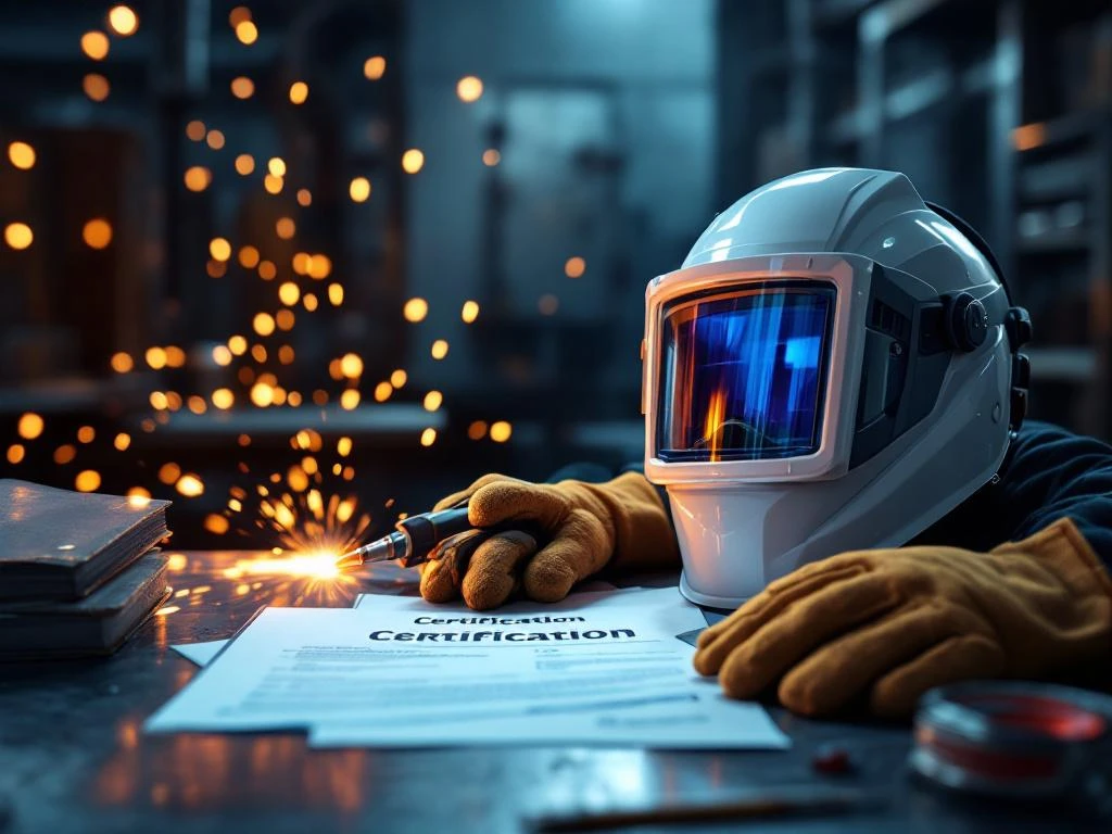 Echipament profesional de sudură cu documente de certificare pe masa metalică în mediu industrial de testare