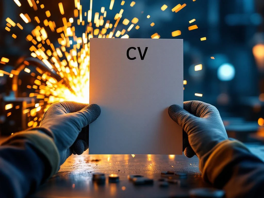 Mâini cu mănuși de protecție țin un CV profesional, cu scântei de sudură și echipamente industriale pe masa de lucru