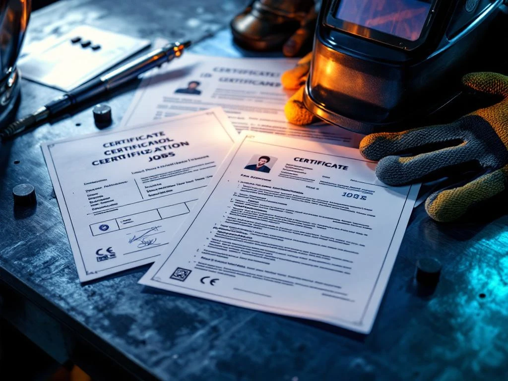 Documente de lucru pentru sudori pe bancă metalică cu echipament profesional, certificate și CV-uri cu ștampile oficiale