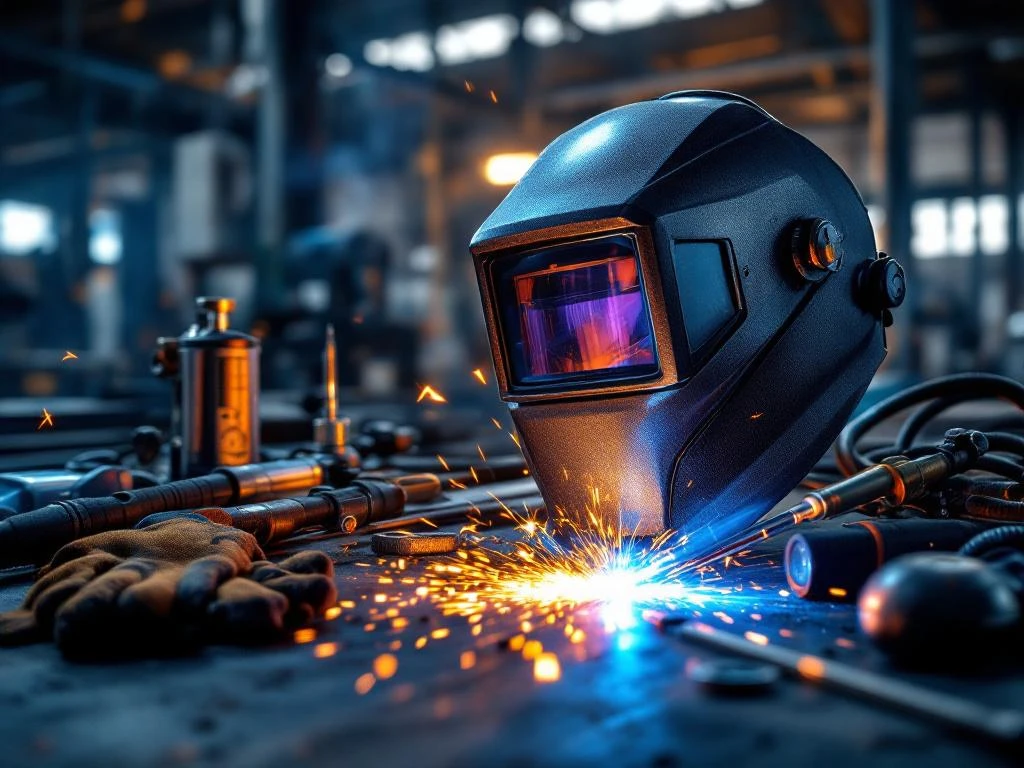 Echipament profesional de sudură pe bancă industrială cu cască, torțe, mănuși și scule de precizie în atelier