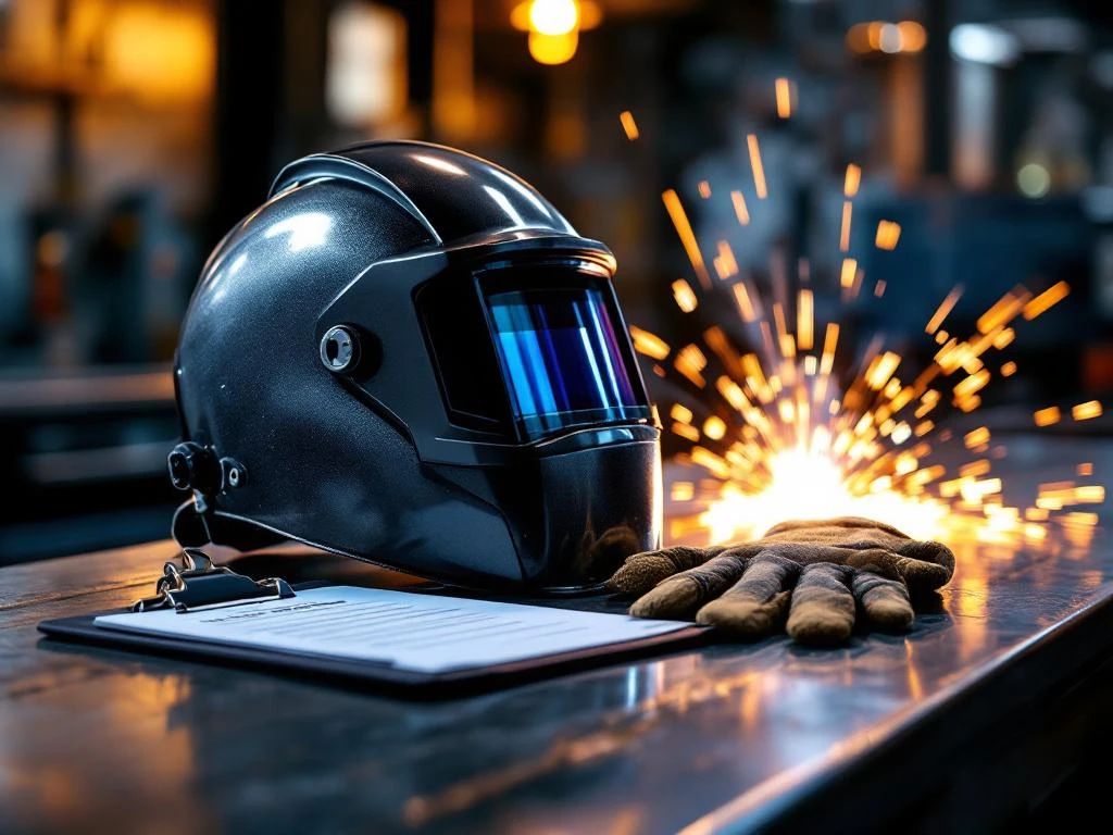 Cască de sudură profesională și mănuși de protecție pe bancă metalică cu echipamente de sudură în fundal