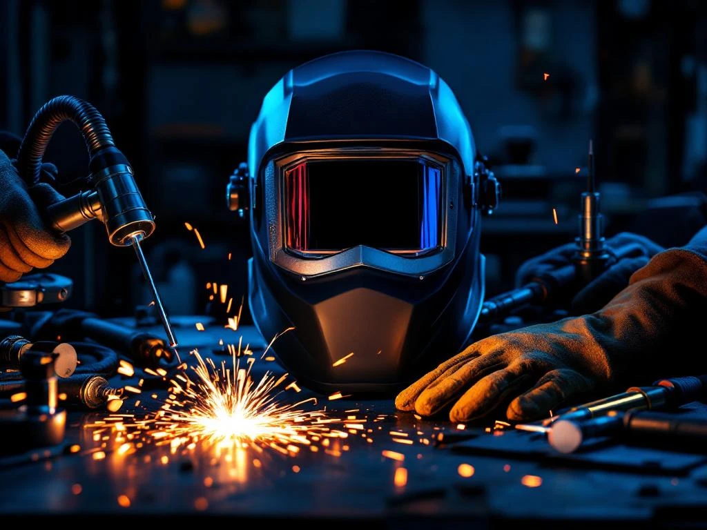 Echipament profesional de sudură pe bancă de lucru cu cască, torțe, mănuși și scântei dramatice pe fundal industrial