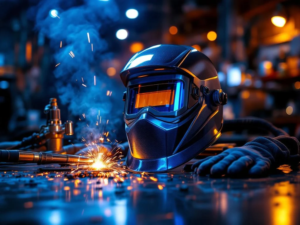 Echipament profesional de sudură pe bancă de lucru cu cască, torțe și unelte în atelier industrial cu iluminare dramatică