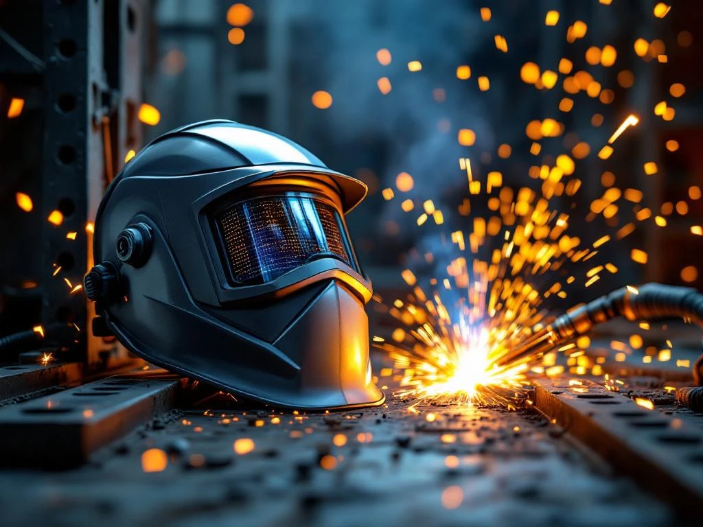 Echipament profesional de sudură cu cască, torțe cu scântei portocalii-albastre și grinzi metalice sudate pe fundaluri întunecat